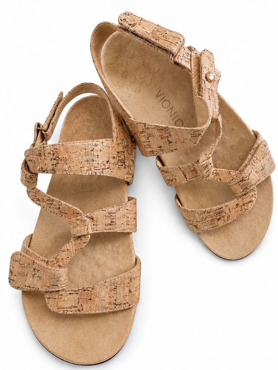 Vionic Shoes - Vionic Cork-Textured Tan Strappy Sandals